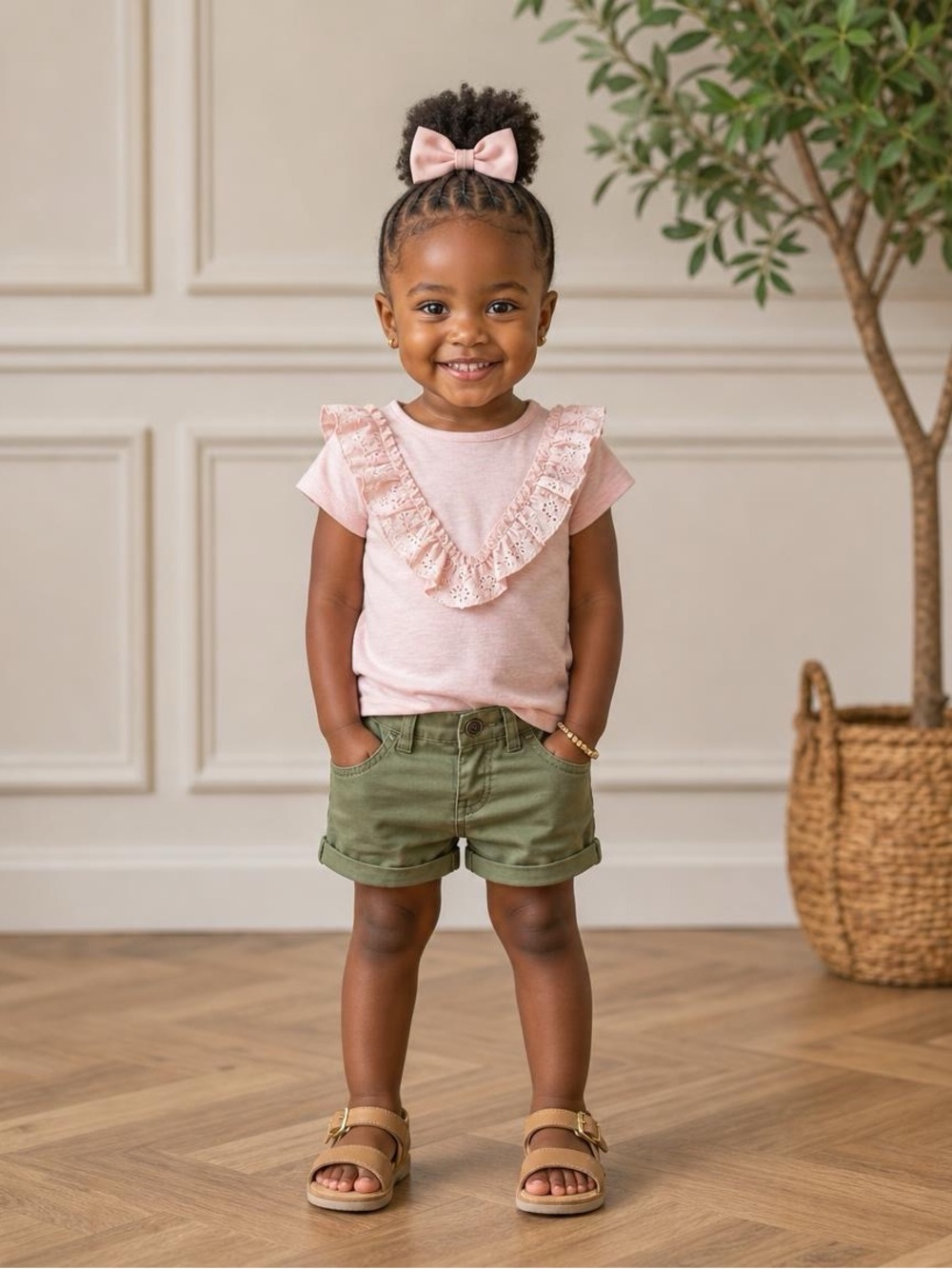HUDSON Kids Girls 2pc Set Ruffle Eyelet Lace Top Olive Green Shorts
